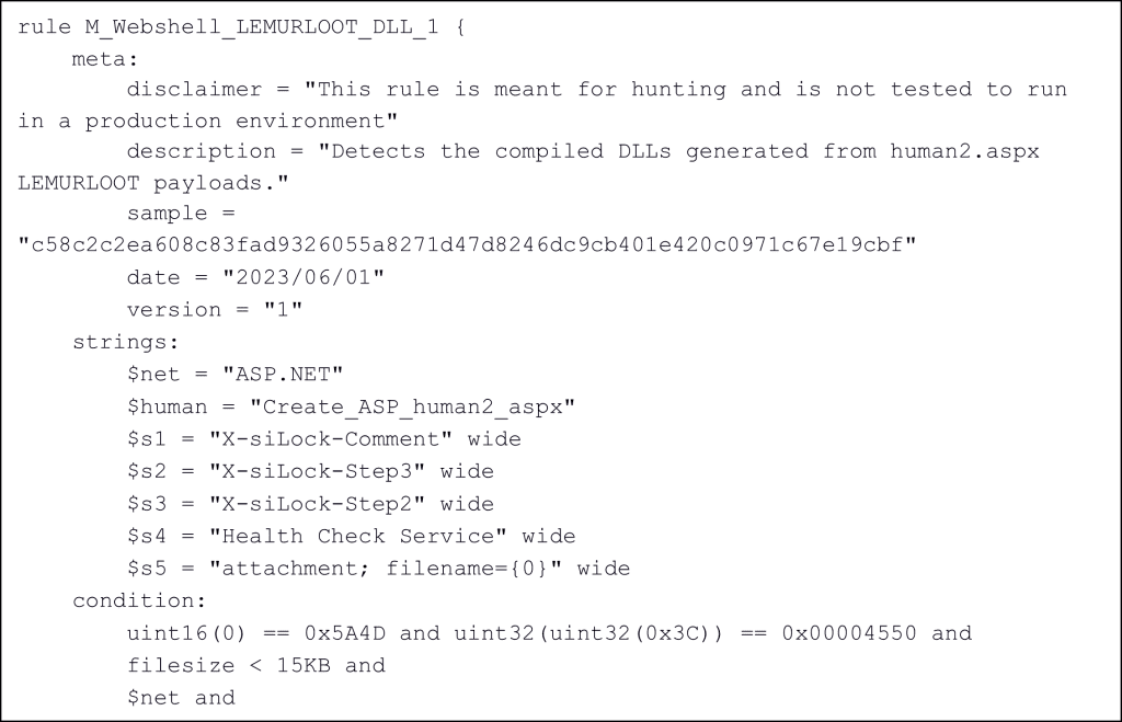 Open source deployable YARA rule.